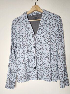Pj Salvage Womens Large Gray Blue Heart Animal Print V-neck Pajama Button Top